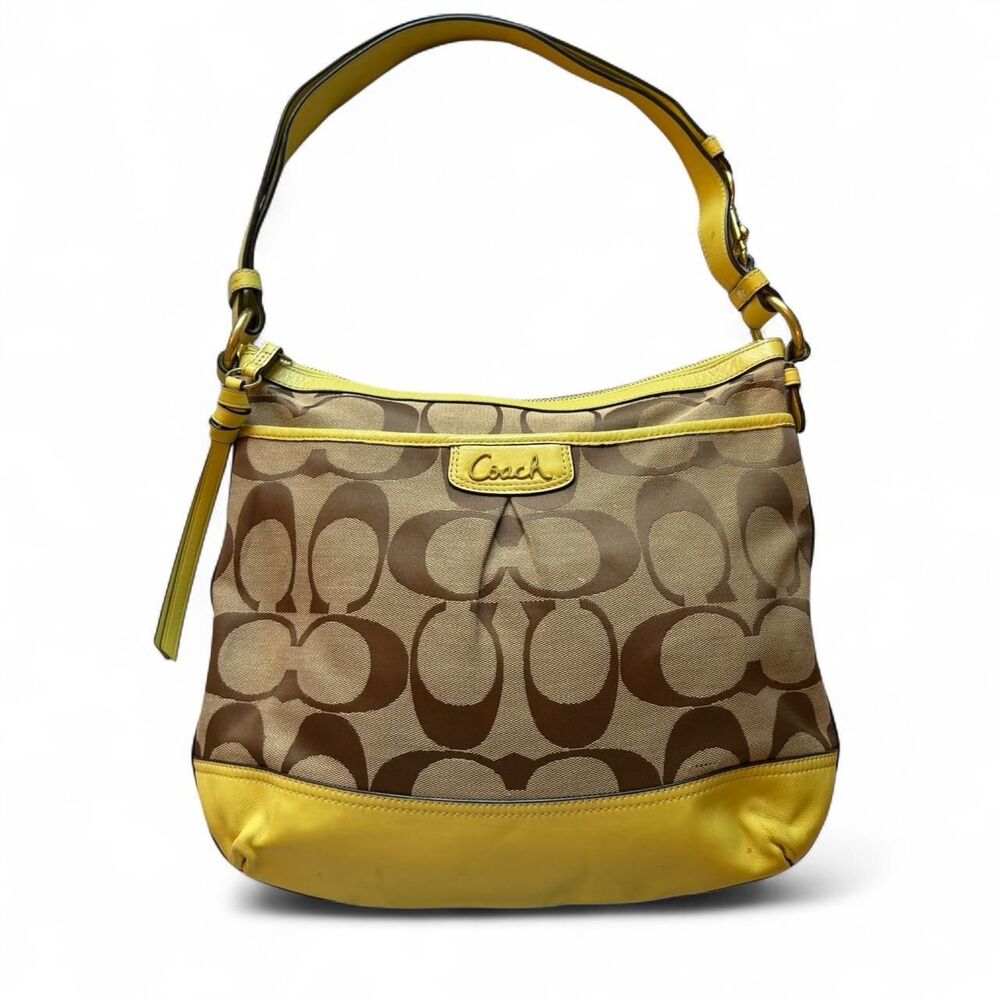 Coach Signature Hippie Hobo Shoulder Bag Khaki Brown Yellow Leather